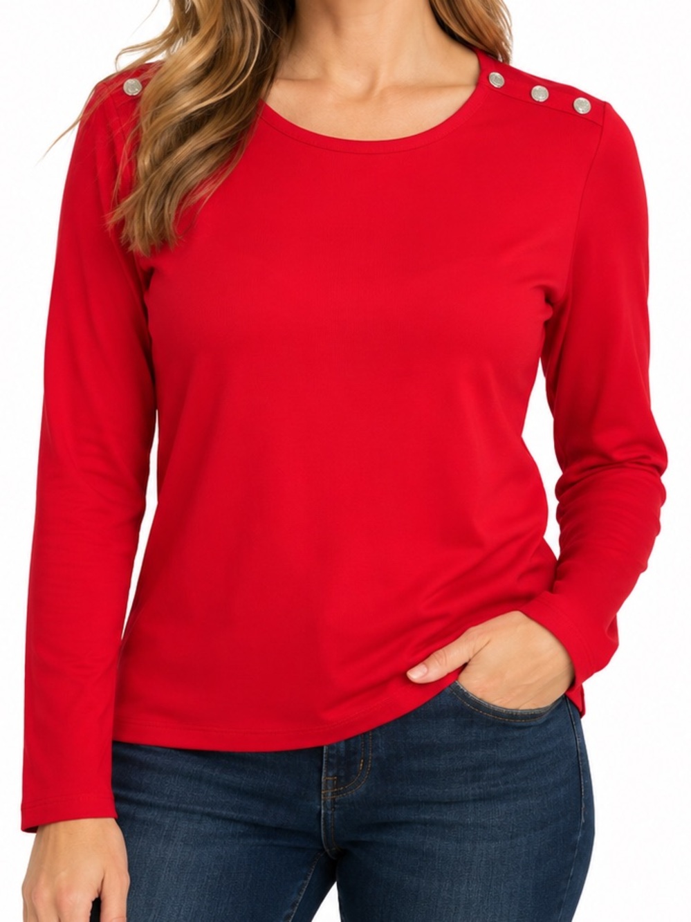 Lauren Ralph Lauren Red Cotton Stretch Top XL Silver Button Shoulder